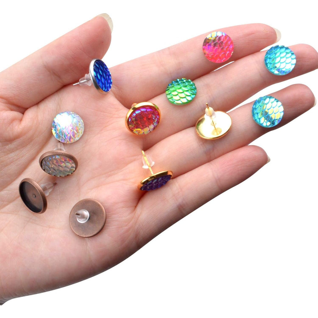 Cabochon Earring Setting, 24 Pieces Stainless Steel Bezel Stud Blanks and and 100 Pieces Fish Scale Glass Cabochons 24 Pieces Bullet Earring Backs for Earring Making