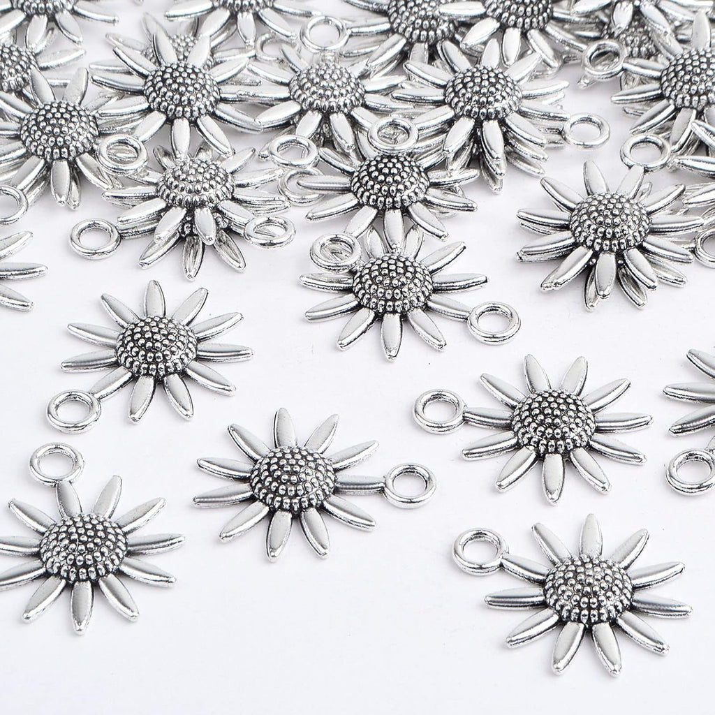 60 Pieces Antique Silver Lovely Sunflower Shaped Charms Vintage Alloy Daisy Flower Dangle Pendants Findings for DIY Necklace Bracelet Earrings Jewelry Making