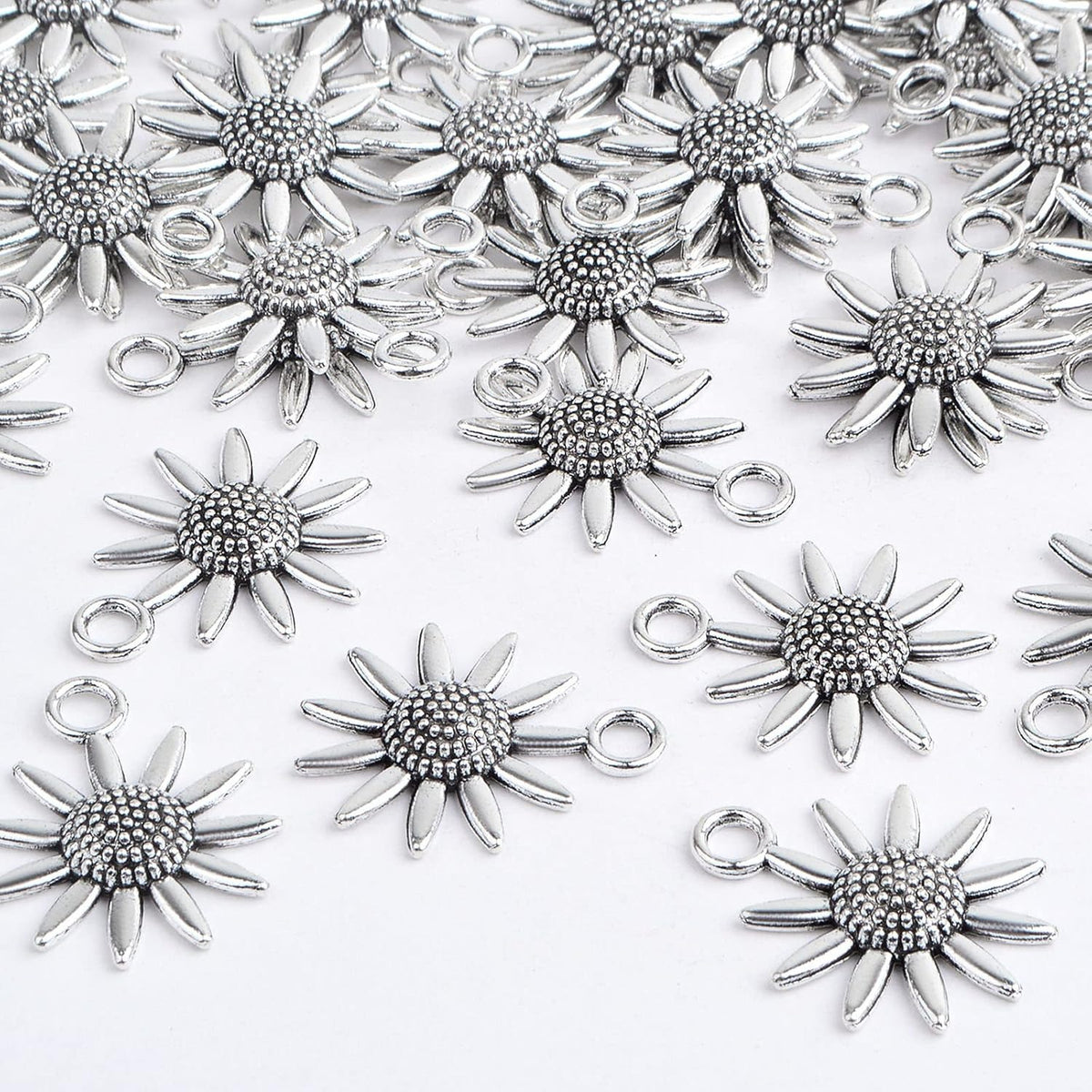 60 Pieces Antique Silver Lovely Sunflower Shaped Charms Vintage Alloy Daisy Flower Dangle Pendants Findings for DIY Necklace Bracelet Earrings Jewelry Making