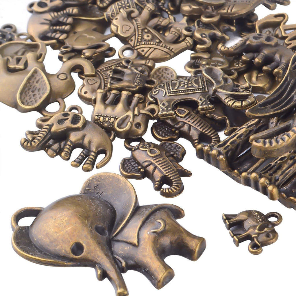 100g Antique Bronze Elephant Charm Pendants Tibetan Alloy Animal Charms Elephant Bead Charm Craft Supplies for Jewelry DIY Necklace Bracelet Making Accessory, Mixed Styles