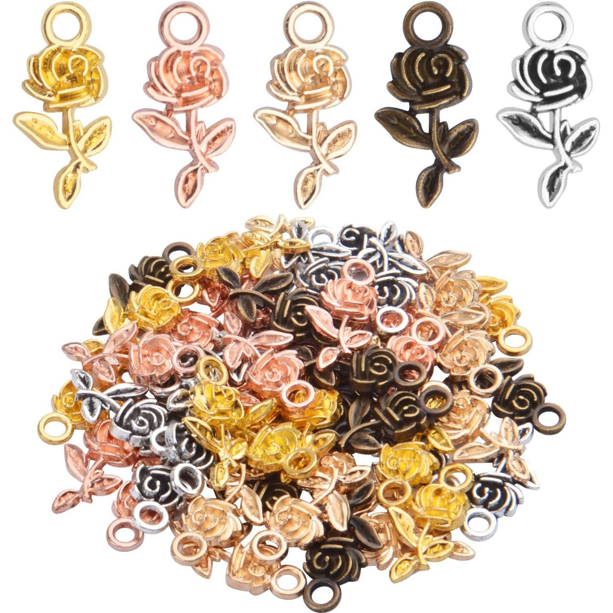 50pcs Rose Flower Charms Tibetan Alloy Flower Pendants Jewelry Crafting Accessories for DIY Necklace Bracelet,5 Colors