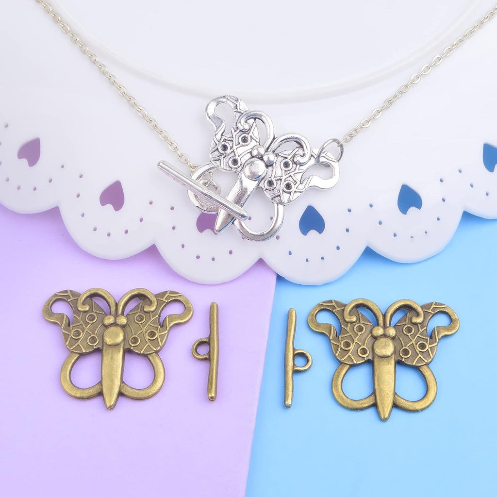 20 Sets Butterfly Bracelet Toggle Clasps T-Bar End Tibetan Closure Filled Fastener Hook Toggle Connectors for DIY Necklace Jewelry Craft Making, 2 Colors