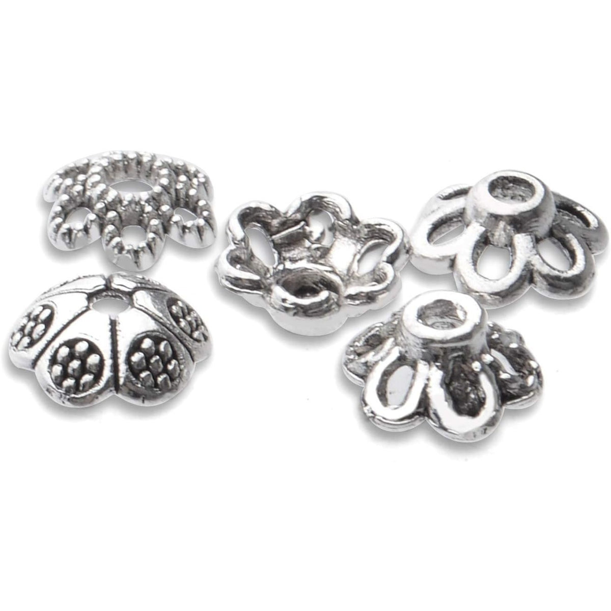 200pcs Antique Silver Flower Bead Caps Alloy Tibetan Style Bead End Caps Spacer Cap Beads Jewelry Caps for Bracelet Necklace Earrings Jewelry Making Supplies, 4 Styles