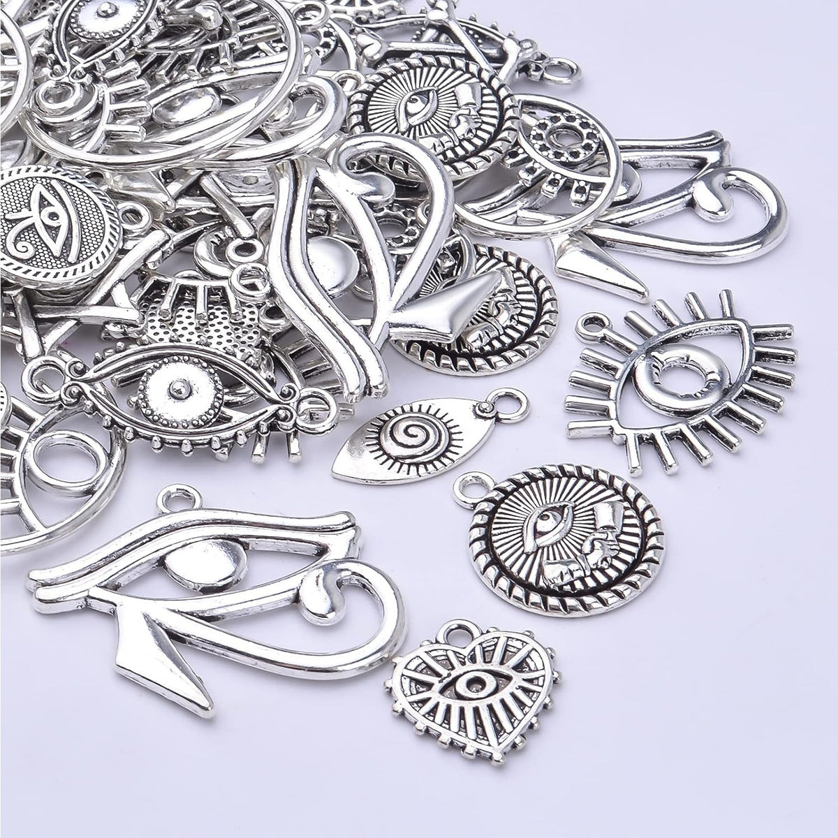 60pcs Antique Silver Eye of Horus Charms Tibetan Alloy Vintage Dangle Pendants Jewelry Making Accessories for DIY Earrings Necklace Bracelet Crafts Supplies, 10 Styles