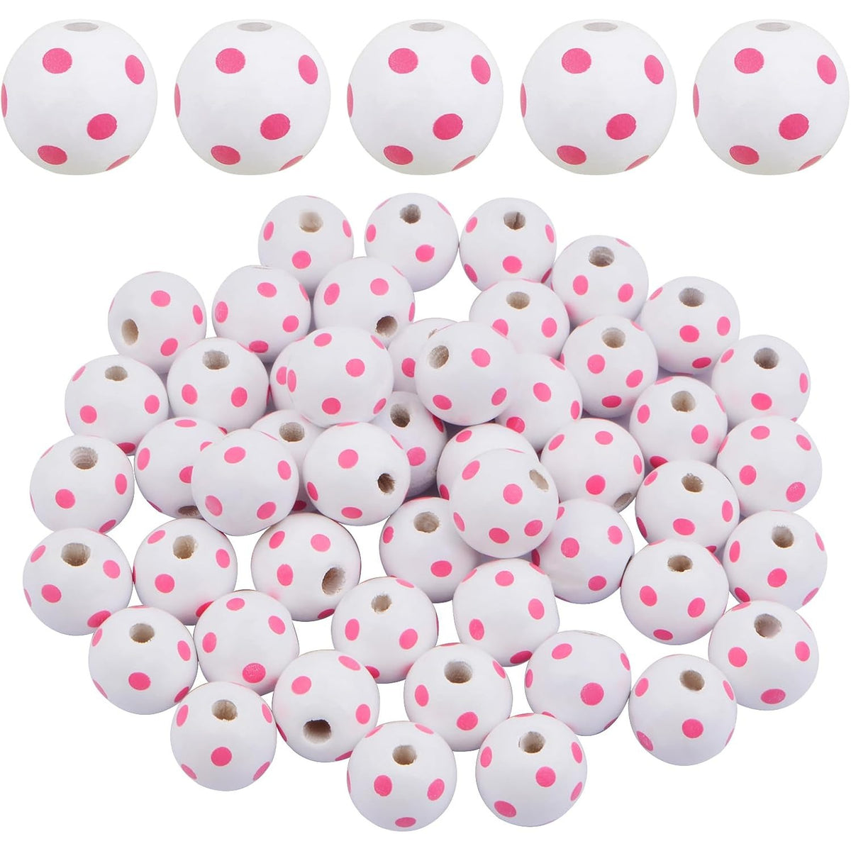 50pcs 16 mm Printed Dots Wood Beads Round Print Wooden Spacer Beads Natural Handmade Polished Valentine's Day Beads for DIY Crafts Jewelry Making Home Party Decoration