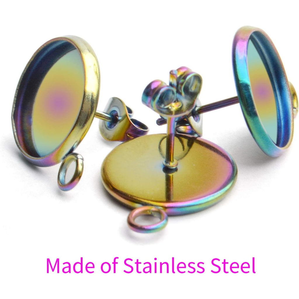 Earring Studs, 20Pcs Earring with Loop Stainless Steel Studs Earrings Cabochon and 20Pcs Butterfly Earring Backs Setting Post Tray Base for DIY Earring(fit for 12mm)