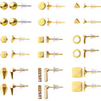Stainless Steel Earring Studs Set,18 Pairs Gold Plated Earring Pin Studs Geometry Round Ball Cone Earring Post Studs with Clear Bullet Earring Backs for Women Men Ear Studs
