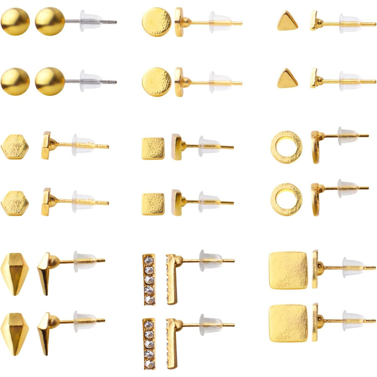 Stainless Steel Earring Studs Set,18 Pairs Gold Plated Earring Pin Studs Geometry Round Ball Cone Earring Post Studs with Clear Bullet Earring Backs for Women Men Ear Studs