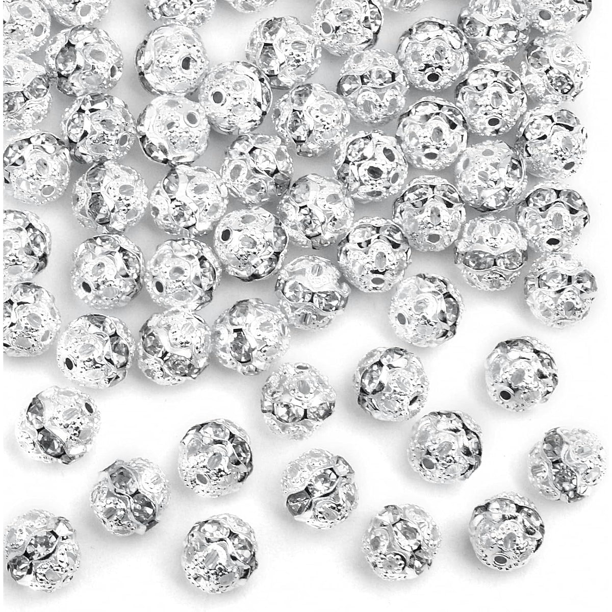 100pcs 8 mm Silver Crystal Rhinestone Ball Spacer Beads Round Ball Disco Rondelle Loose Spacer Beads Jewelry Findings Accessories for DIY Necklace Bracelet Handmade Decor