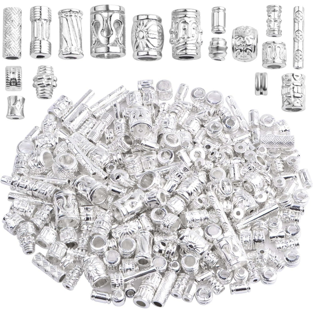 100 Gram Mixed Column Barrel Spacer Beads Vintage Alloy Tube Bar Shape Loose Charm Beads Accessories for DIY Bracelet Necklace Jewelry Making Findings, Bright Silver