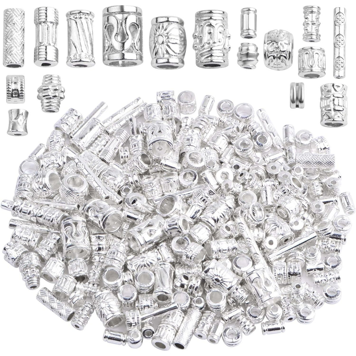 100 Gram Mixed Column Barrel Spacer Beads Vintage Alloy Tube Bar Shape Loose Charm Beads Accessories for DIY Bracelet Necklace Jewelry Making Findings, Bright Silver