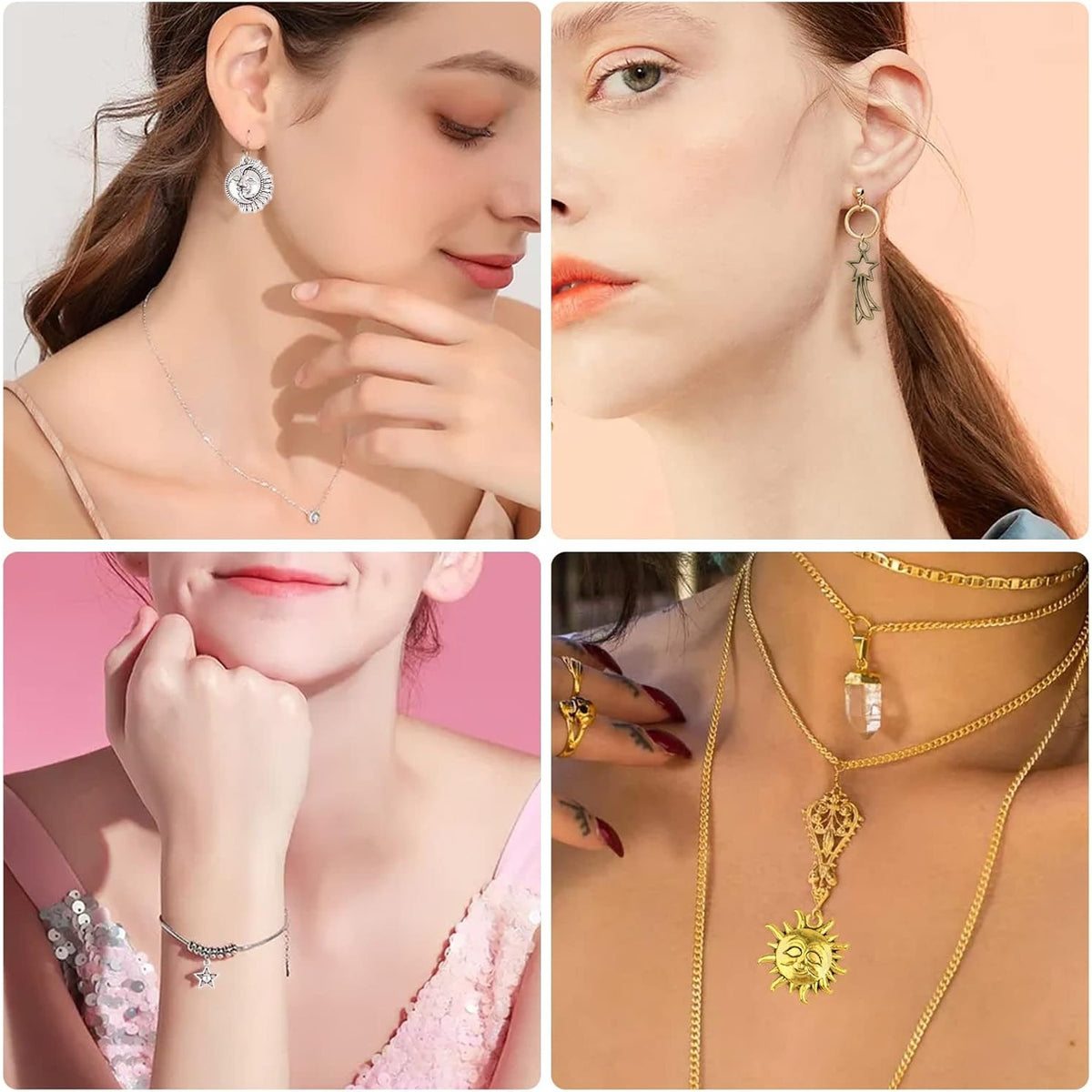 100 Gram Mixed Sun Moon Star Charms Celestial Pendants Alloy Sun Smile Pentagram Dangle Charms Collection for Necklace DIY Jewelry Making Crafting