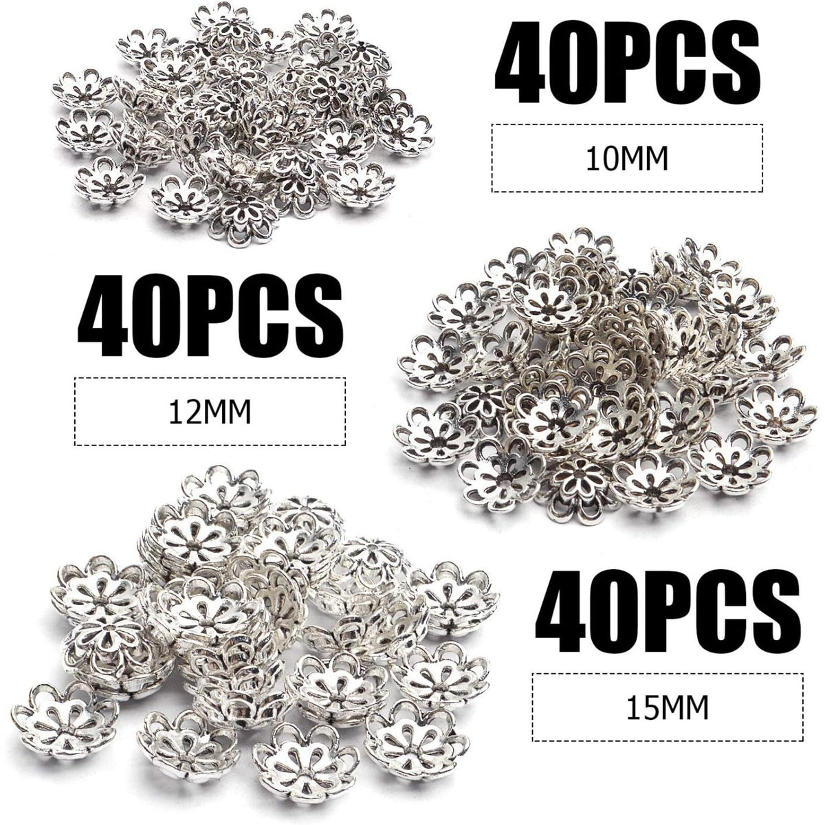 Hollow Double Flower Bead Caps - 120pcs Alloy Spacers for Jewelry Making, DIY Crafts, Bracelets, Necklaces - Antique Silver, 10mm, 12mm, 15mm