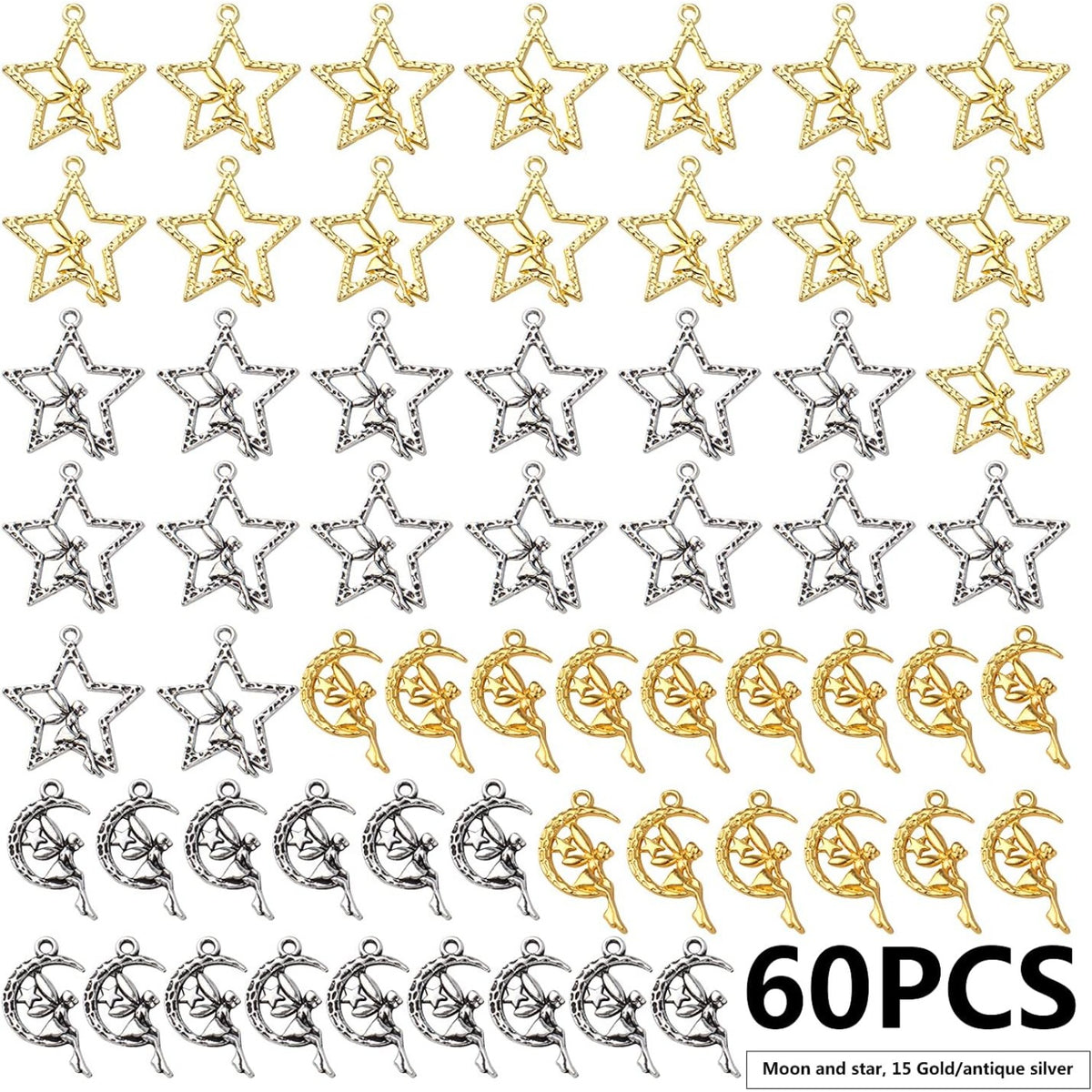 60pcs Fairy Moon Star Charms Alloy Angel Fairy Charms Pendants Crafts Supplies for DIY Jewelry Earrings Necklace Bracelet Making Accessory