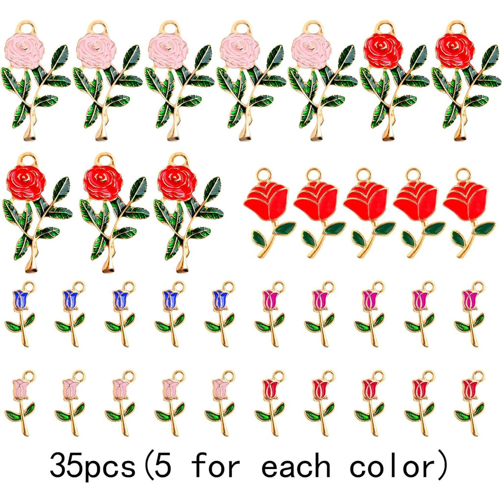35pcs Multi-colored Enamel Rose Flower Charms Golden Plated Alloy Mini Flower Dangle Pendants for DIY Necklace Bracelet Earrings Jewelry Making Findings, 3 Styles