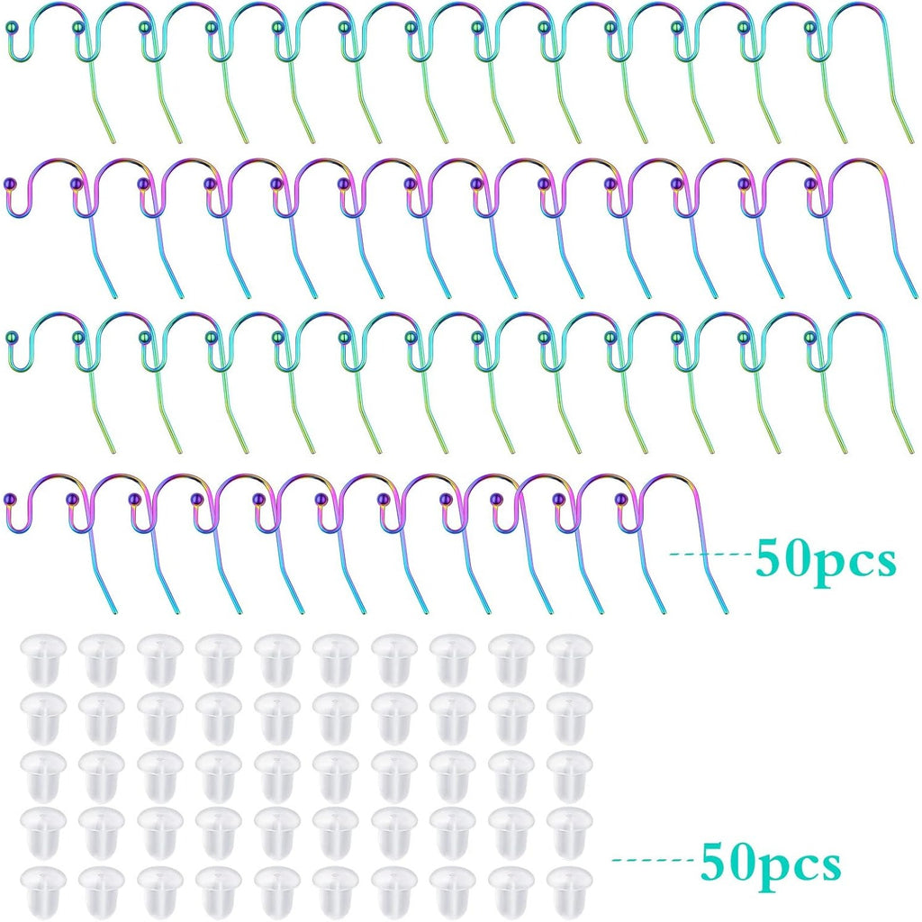 50pcs Rainbow Color Hypoallergenic Earring Hooks Stainless Steel French Ball Dot Earwires Hooks with 50pcs Clear Earring Backs Dangle Earring Findings for DIY Jewelry Making