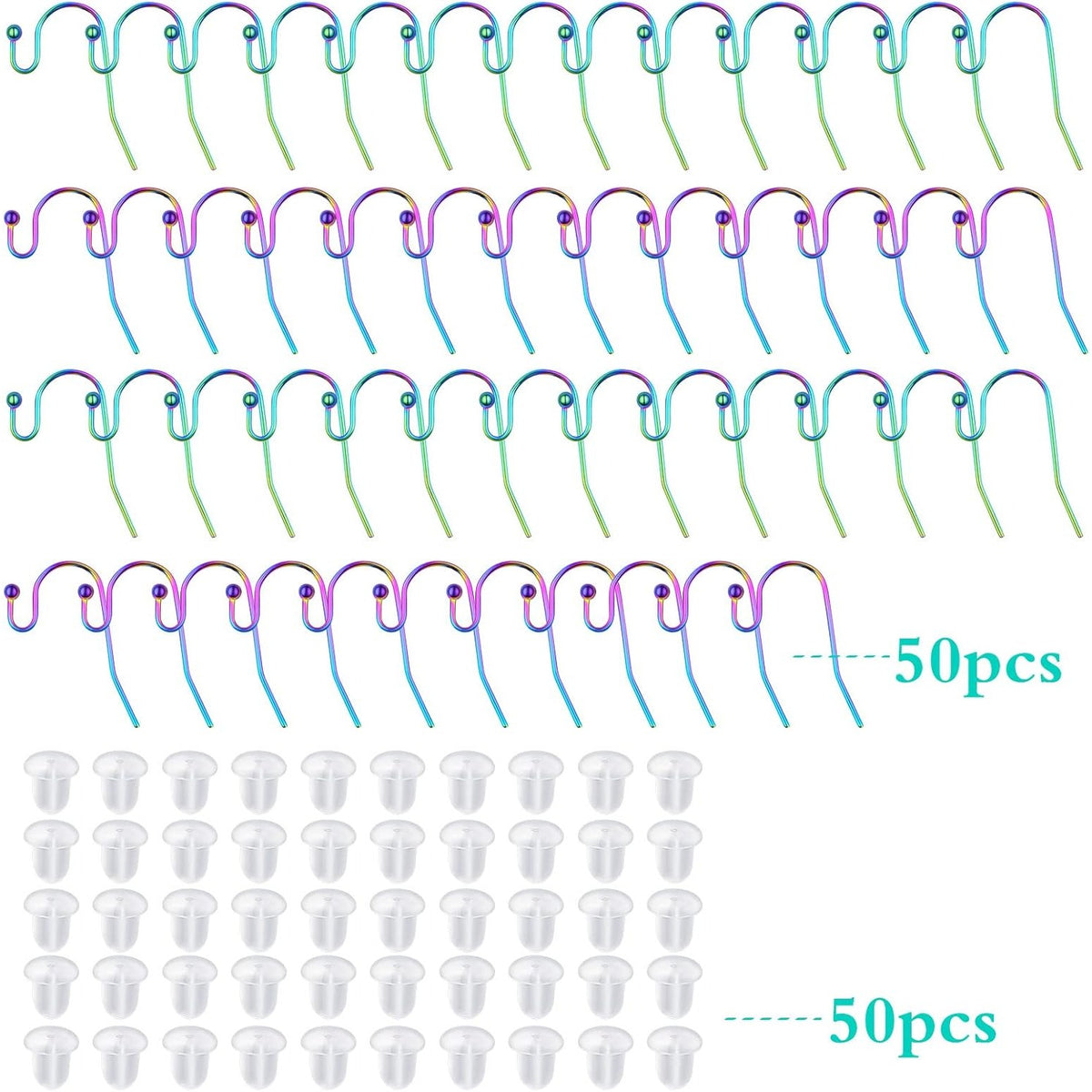 50pcs Rainbow Color Hypoallergenic Earring Hooks Stainless Steel French Ball Dot Earwires Hooks with 50pcs Clear Earring Backs Dangle Earring Findings for DIY Jewelry Making