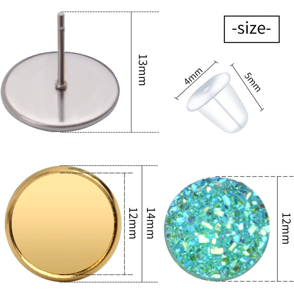 100 Pieces 12 mm Faux Druzy Resin Cabochons with 20 Pieces Stainless Steel Blank Stud Earring Bezel Setting and 20 Pieces Clear Earring Backs for Earring Jewelry Making -10 Colors