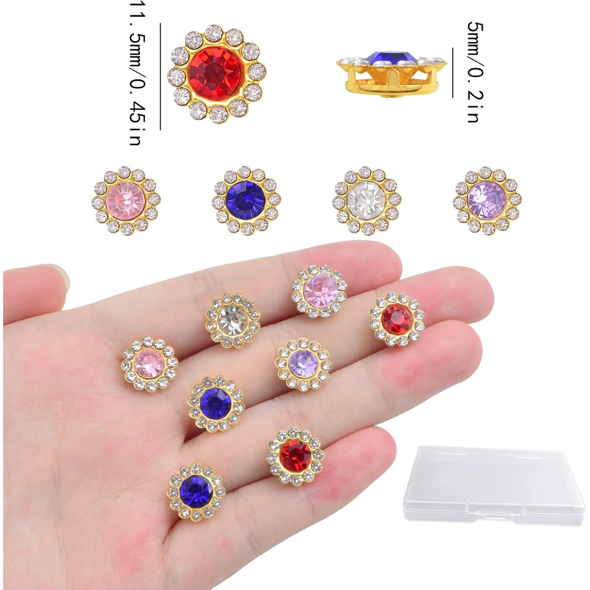 100pcs 12mm Flower Buttons with Rhinestones Sew on Flower Embellishments Crystal Glass Bead Flatback Rhinestone Buttons with a Box for DIY Jewelry Making Knitting Crafts Decor, 5 Colors