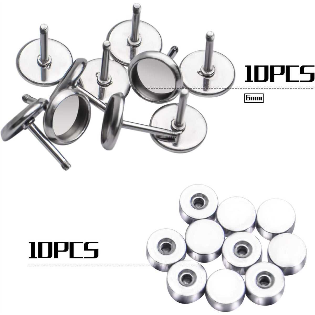 Stud Earring Bezels,10pcs 6mm Stainless Steel Hypoallergenic Cabochon Bezel Trays Gemstone Earring Posts Blanks Settings