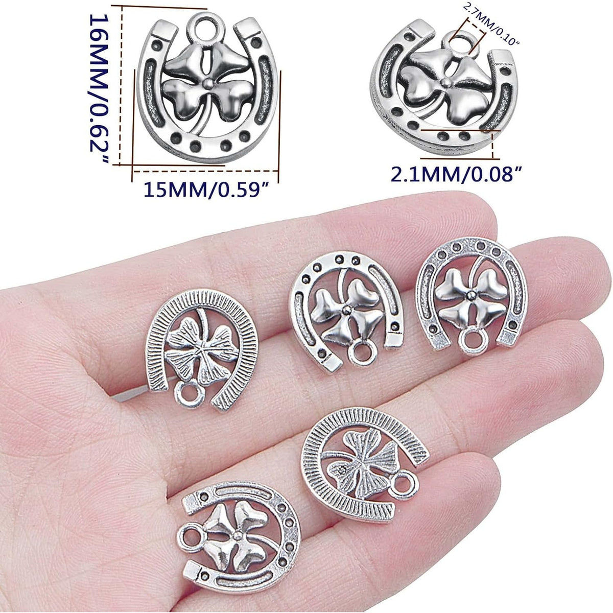 50pcs Antique Silver Horseshoe Charms Alloy Four Leaf Clover Pendants U Shaped Lucky Clover Horseshoe Charms for DIY Bracelet Necklace Jewelry Making Crafting, Hole: 2.7 mm