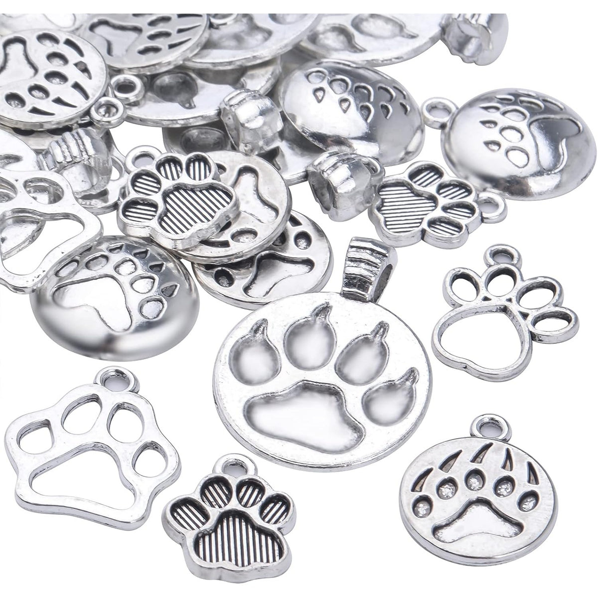 60pcs Silver Bear Dog Cat Footprint Charms Tibetan Alloy Animal Paw Prints Pendants Cute Bear Footprint Dangle Charms for DIY Bracelet Earrings Necklace Jewelry Making, 6 Styles