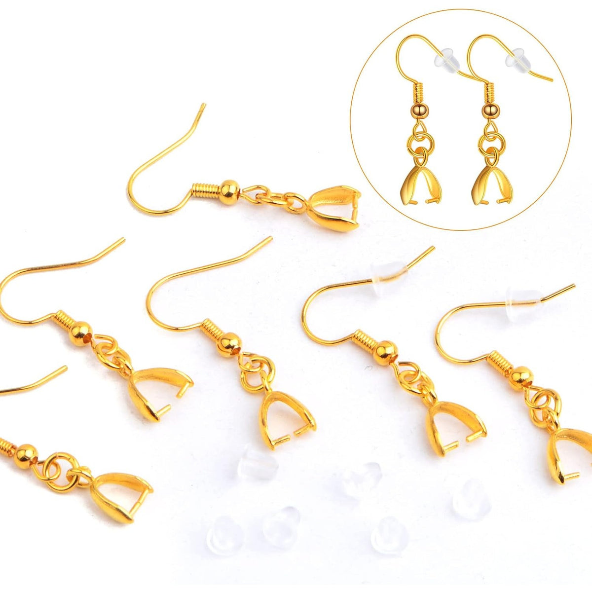 50pcs Brass French Earring Hooks Hypoallergenic Ear Wire Ball Fish Hooks with Pendant Clasps and 50pcs Clear Silicone Earring Backs for DIY Earrings Jewelry Making, Golden