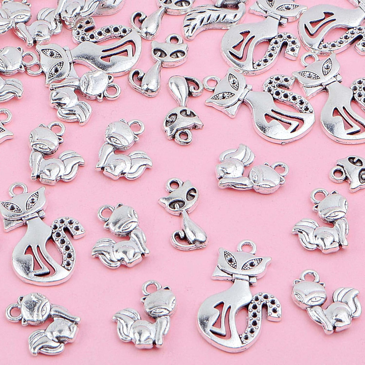 50pcs Antique Silver Fox Kitty Pendant Charms Tibetan Alloy Cute Cat Pendant Vintage Animal Dangle Charms Bulk for DIY Necklace Bracelet Keychain Jewelry Making, 5 Styles…