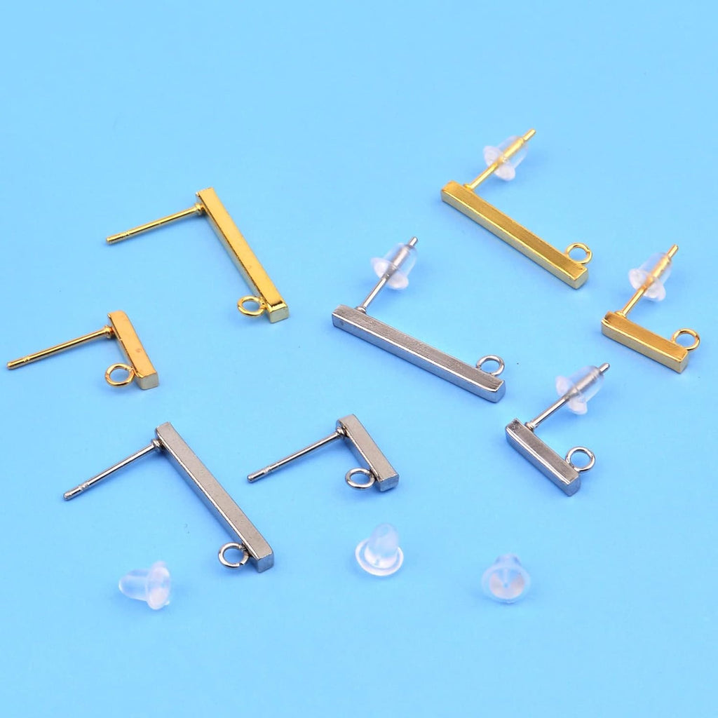 40pcs Stainless Steel Rectangle Earring Studs Hypoallergenic Bar Line Stick Earrings with Loop and 40pcs Clear Silicone Earring Backs for DIY Jewelry Making, 2 Sizes