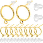 10pcs 10 mm Flat Round Earring Studs Brass Blank Earring Posts with Loop and 20pcs Clear Earring Safety Backs with a Box for DIY Earrings Jewelry Making Findings, Golden