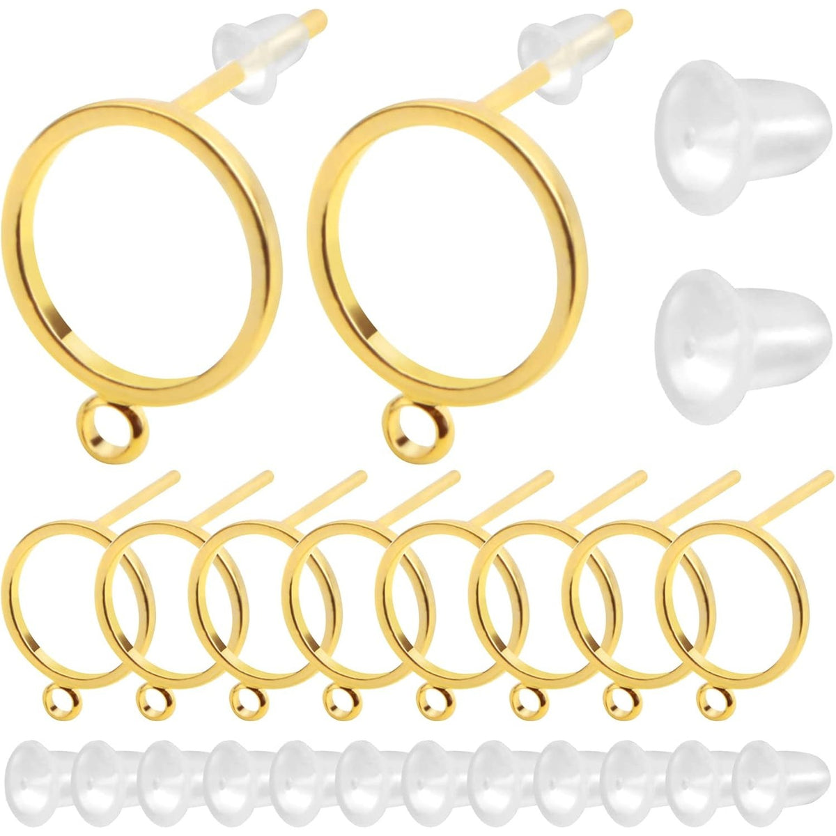 10pcs 10 mm Flat Round Earring Studs Brass Blank Earring Posts with Loop and 20pcs Clear Earring Safety Backs with a Box for DIY Earrings Jewelry Making Findings, Golden