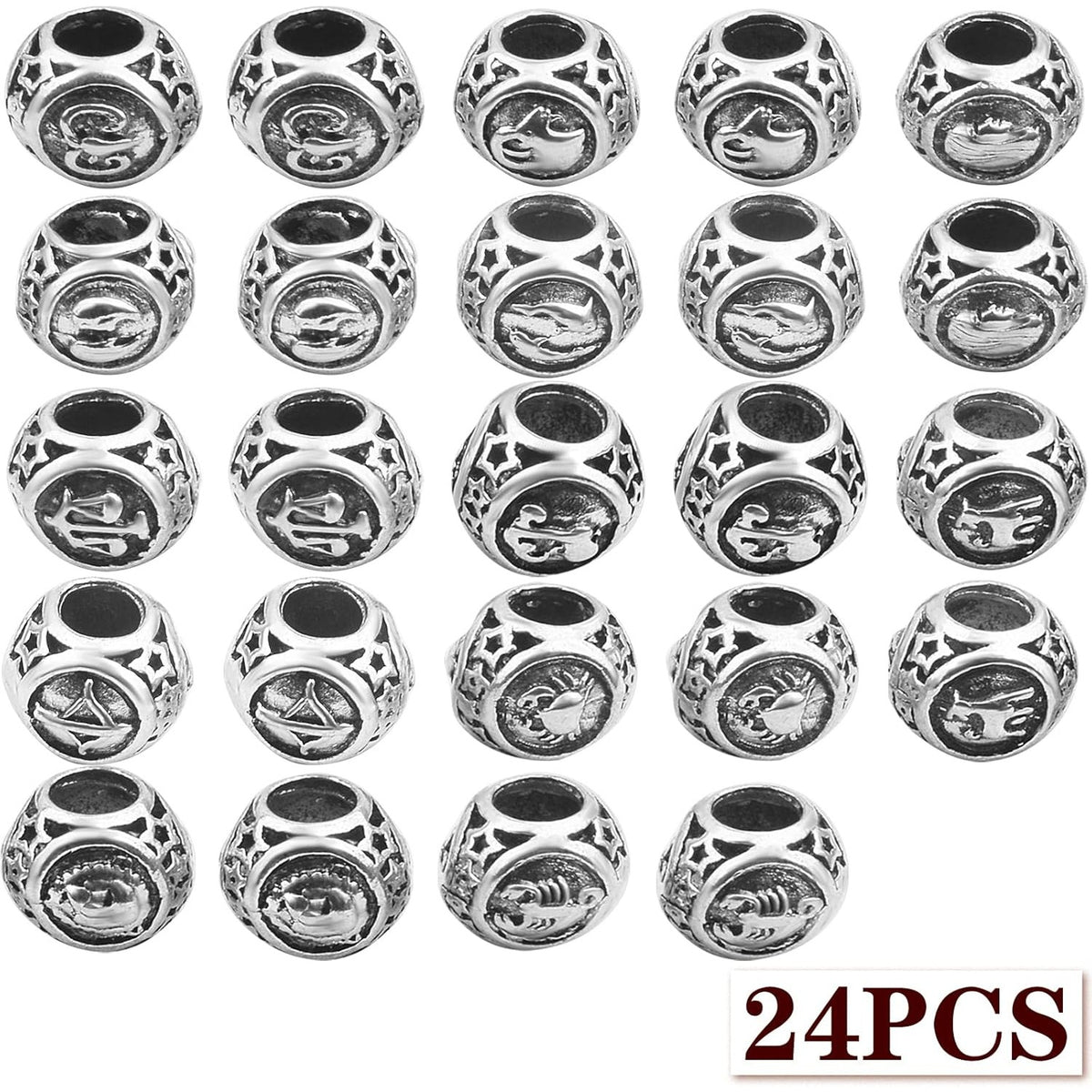 24pcs 12 Constellations Carved Beads Alloy European Large Hole Beads Lucky Charms Zodiac Loose Spacer Beads for DIY Bracelet Crafts Jewelry Making, Antique Silver