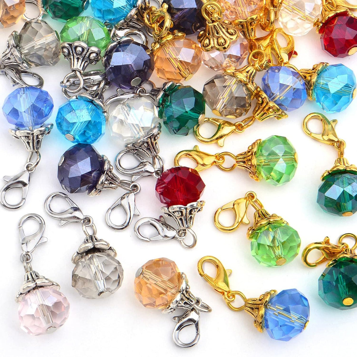 40pcs Colorful Crystal Dangle Charms Antique Golden Silver Flower Bead Cap Drops Pendants with Lobster Claw Clasps for DIY Bracelet Necklace Earrings Jewelry Making