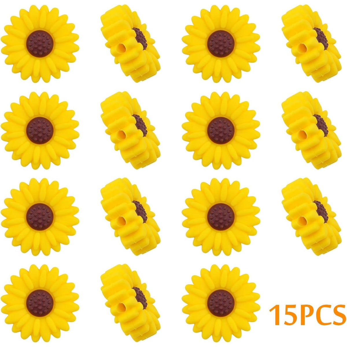 15pcs 19.5 mm Daisy Flower Silicone Beads Soft Silicone Sunflower Shape Loose Spacer Beads for DIY Garland Keychains Lanyard Jewelry Making Craft Decor, Yellow Brown