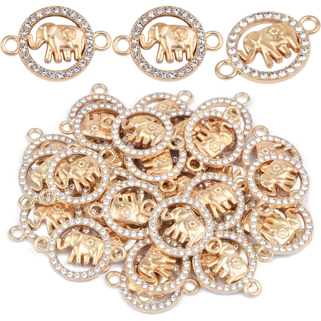 30pcs Golden Rhinestone Elephant Charms Connectors Creative Animal Elephant Double Hole Pendants Links Craft Supplies DIY Bracelet Necklace Keychains Jewelry Making