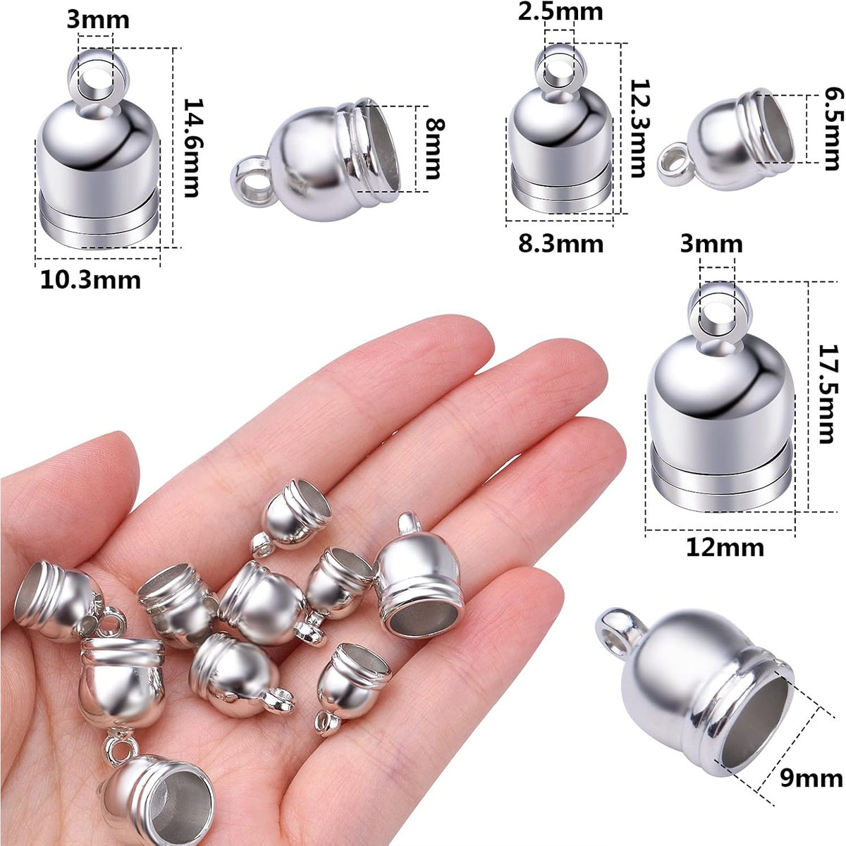 150pcs 3 Sizes Cord End Caps Plastic Glue-in Barrel End Caps Cord Ends Connectors Leather Cord Findings Kit for DIY Tassel Bracelet Necklace Crafts Jewelry Making, Silver