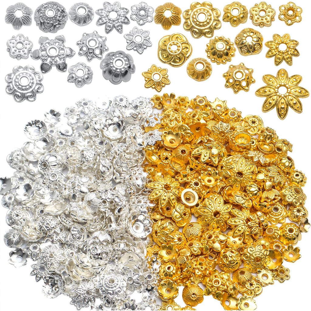 100g (200-350pcs) Mixed Metal Flower Bead Caps Spacer Beads Bali Style Jewelry Findings for DIY Crafting Jewelry Making, Antique Gold and Antique Silver