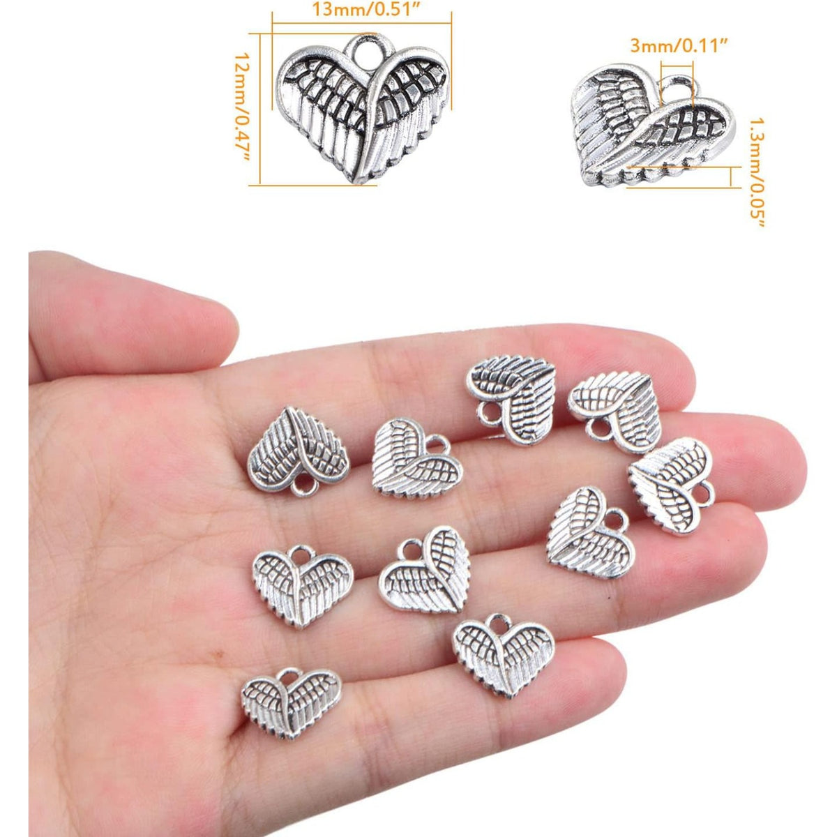 100pcs Antique Silver Angel Wings Feathers Charms Vintage Alloy Heart Shape Angel Wing Dangle Pendants for DIY Bracelet Necklace Jewelry Making Supplies Gifts