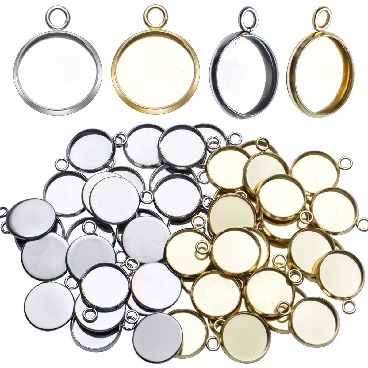 Stainless Steel Bezel Pendant Round Blank Trays, 50 Pcs - Cabochon Settings for Necklace & Earring DIY Jewelry Making