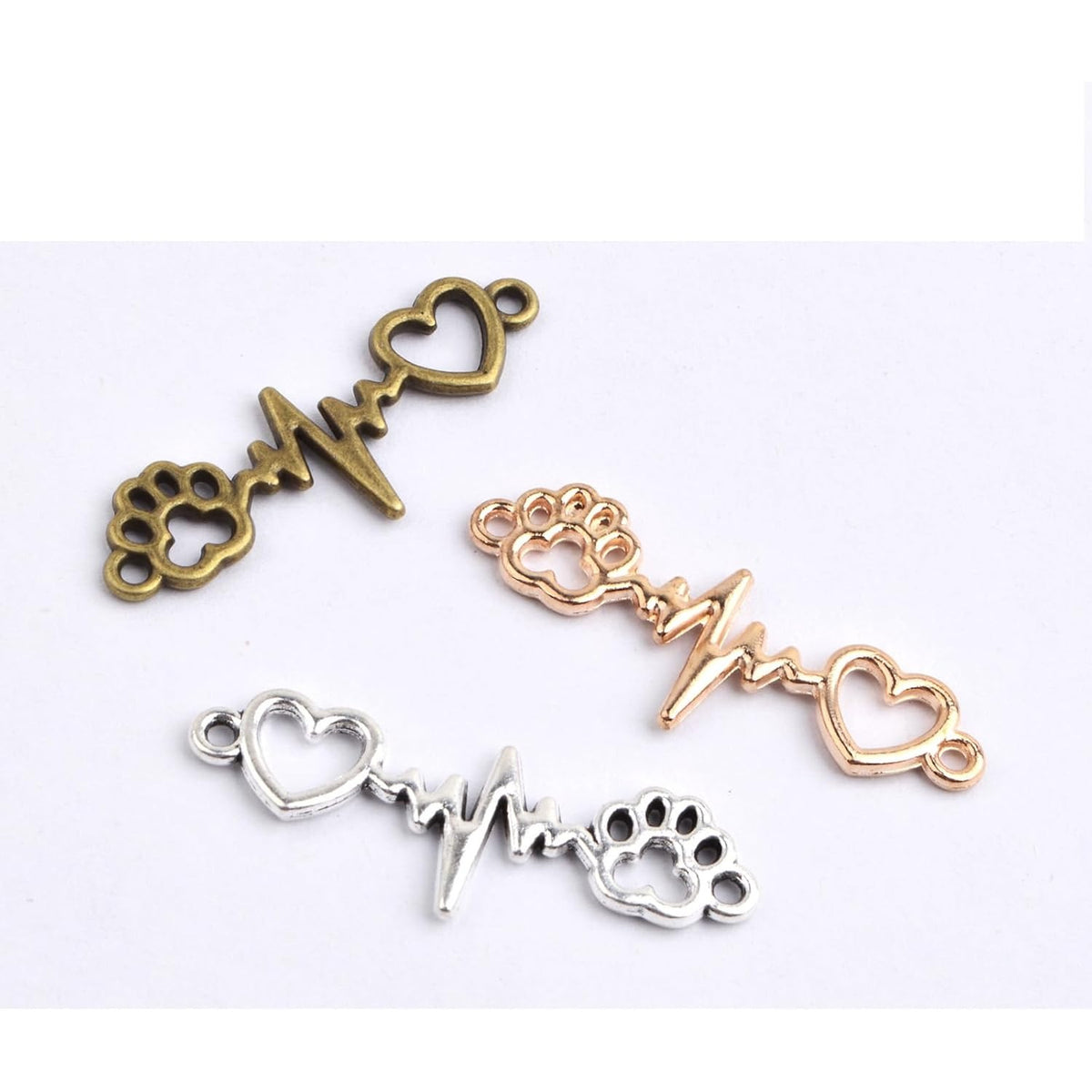 60pcs Dog Paw Print Heart Beating Charm Connectors Vintage Alloy Animal Footprint Lifeline Pulse Heartbeat Pendant Links for DIY Bracelet Necklace Jewelry Craft Making, 3 Colors