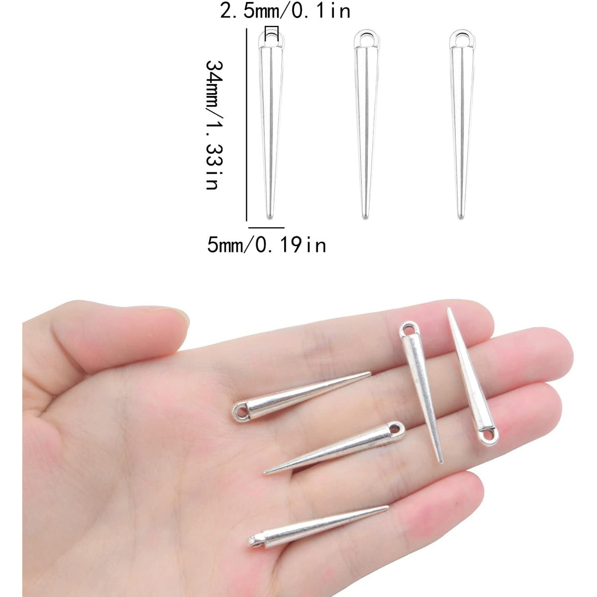 50pcs Antique Silver Spike Bead Pendants Tibetan Alloy Long Bullet Spike Charms Vintage Cone Shape Dangle Pendants for DIY Necklace Earrings Jewelry Making Supplies