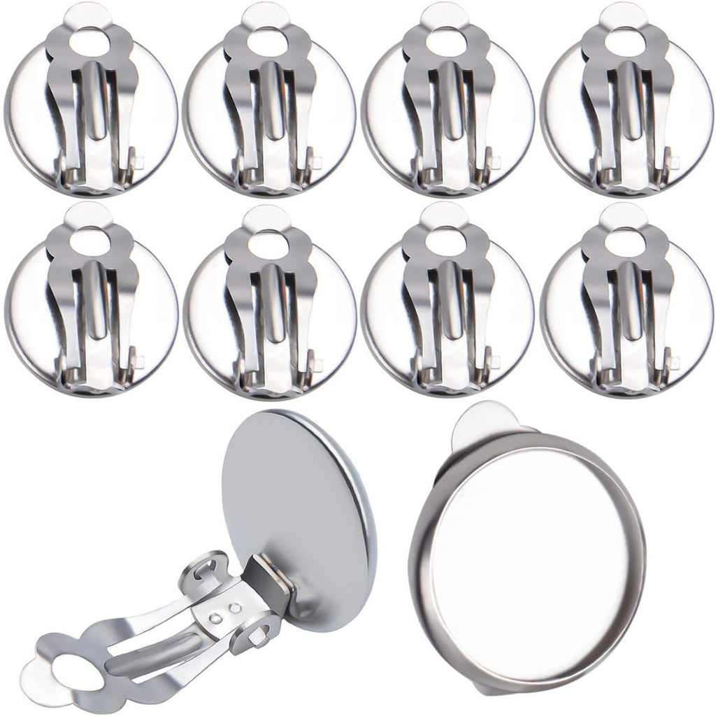Clip-on Earring Converters, 20pcs (10 Pair) Flat Round Earring Trays 12mm Earring Cabochon Setting Converter for Non Pierced Ears Earring Making - Silver