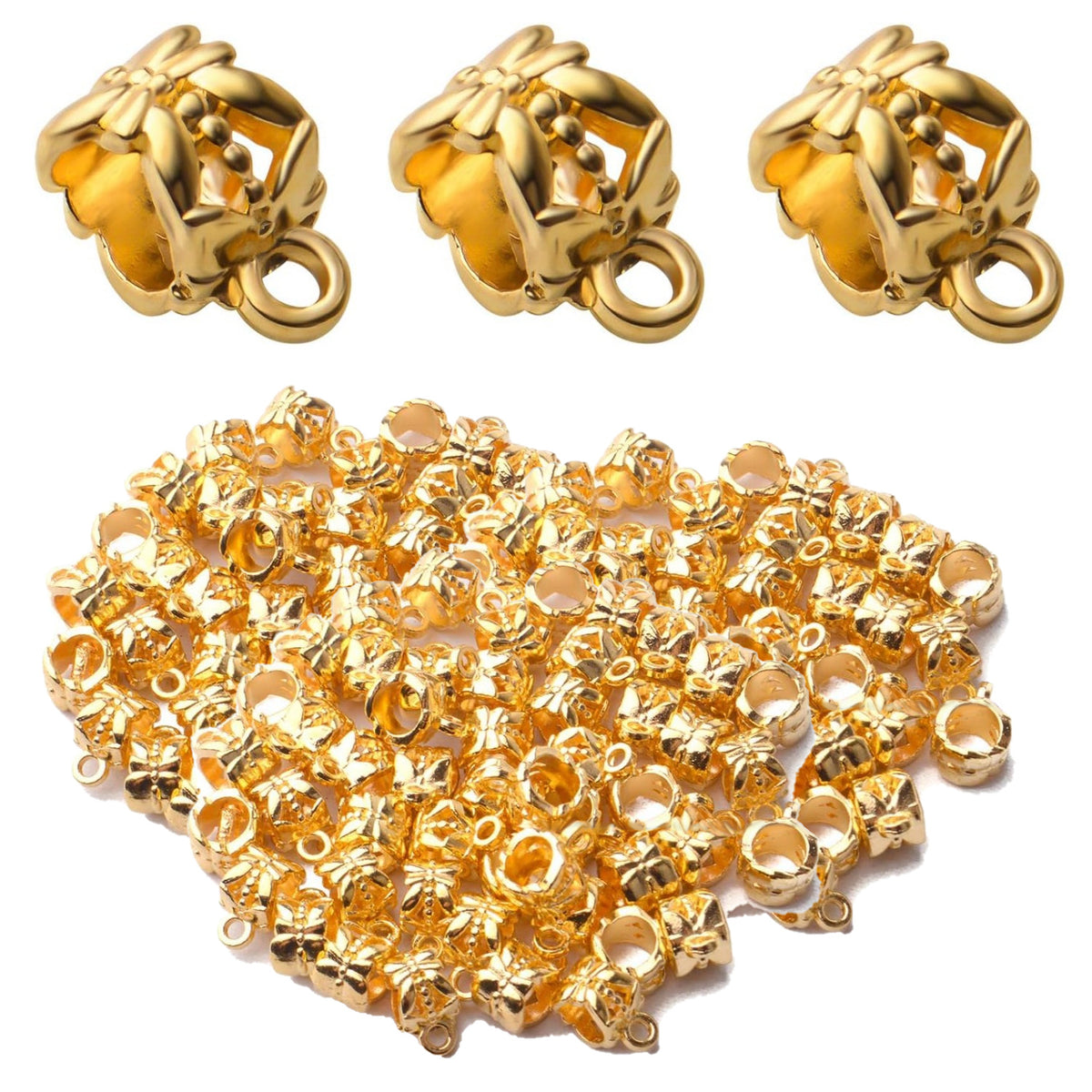 100pcs Bail Beads Alloy European Style Bail Beads with Charm Loop Connector Spacer Beads Jewelry Tube Bails Beads for DIY Bracelet Necklace Jewelry Crafts Making Supplies
