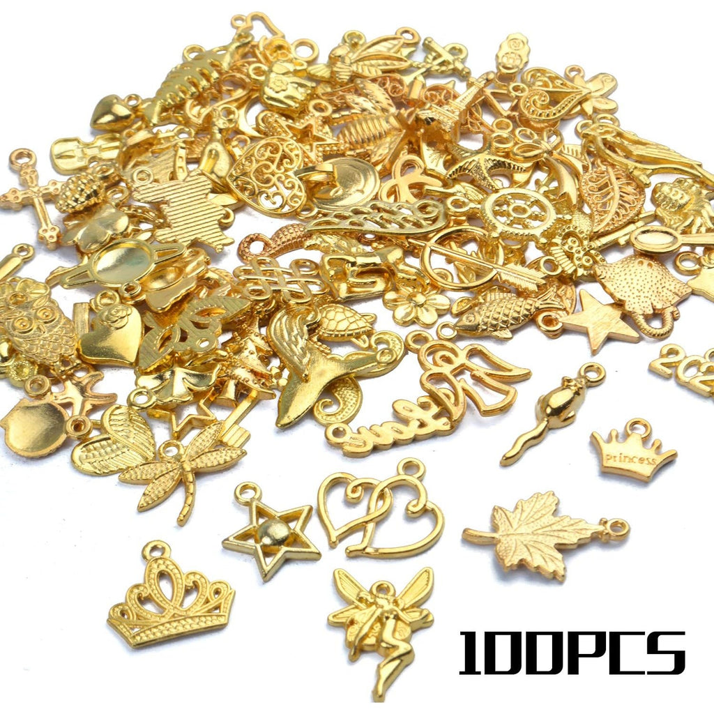 100pcs Gold Plated Charms Mixed Pendant Animals Plants Stars Charms for Necklace Bracelet Jewelry Making and Crafting