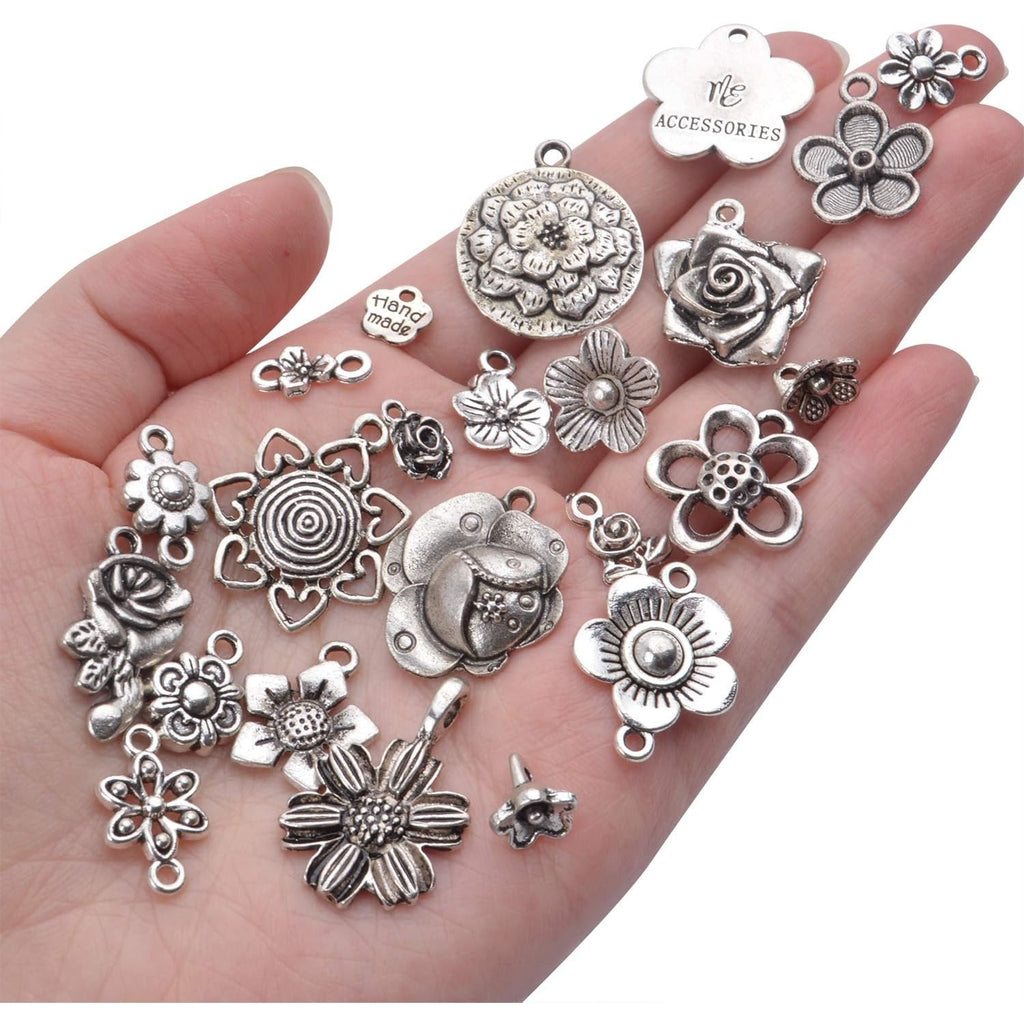 100g Craft Supplies Mixed Rose Flower Charms Pendants Alloy Flower Charm Beads Link Connectors for DIY Bracelet Necklace Keychain Jewelry Making, Antique Silver