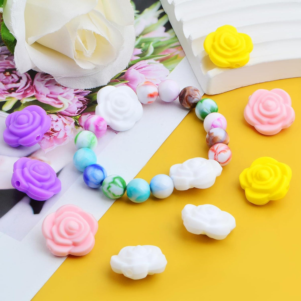 20 Pieces 20.5 mm Rose Flower Silicone Beads Soft Rubber Roses Shape Focal Loose Beads Handmade Accessories for DIY Necklace Bracelet Keychains Jewelry Making Projects, 4 Colors