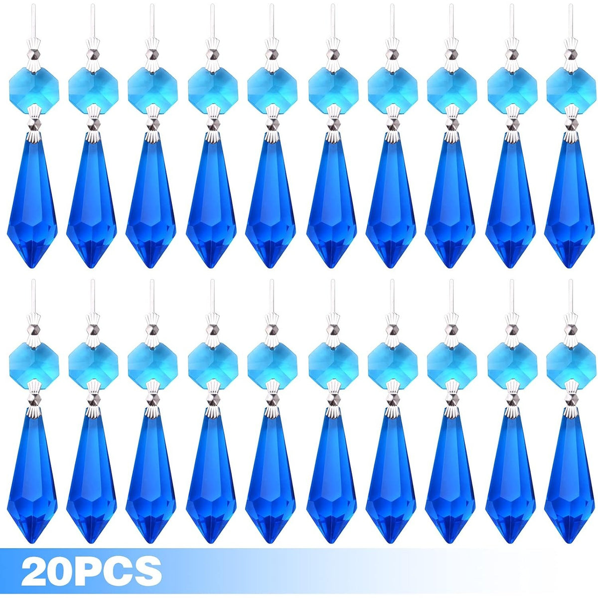 20pcs Crystals Prisms Glass Tip Beads Replacements Chandelier Icicle Drops Hanging Pendants Octagon Crystal Beads for Lamp Decoration Wedding Christmas Ornament (Light Blue, 37.5 mm)