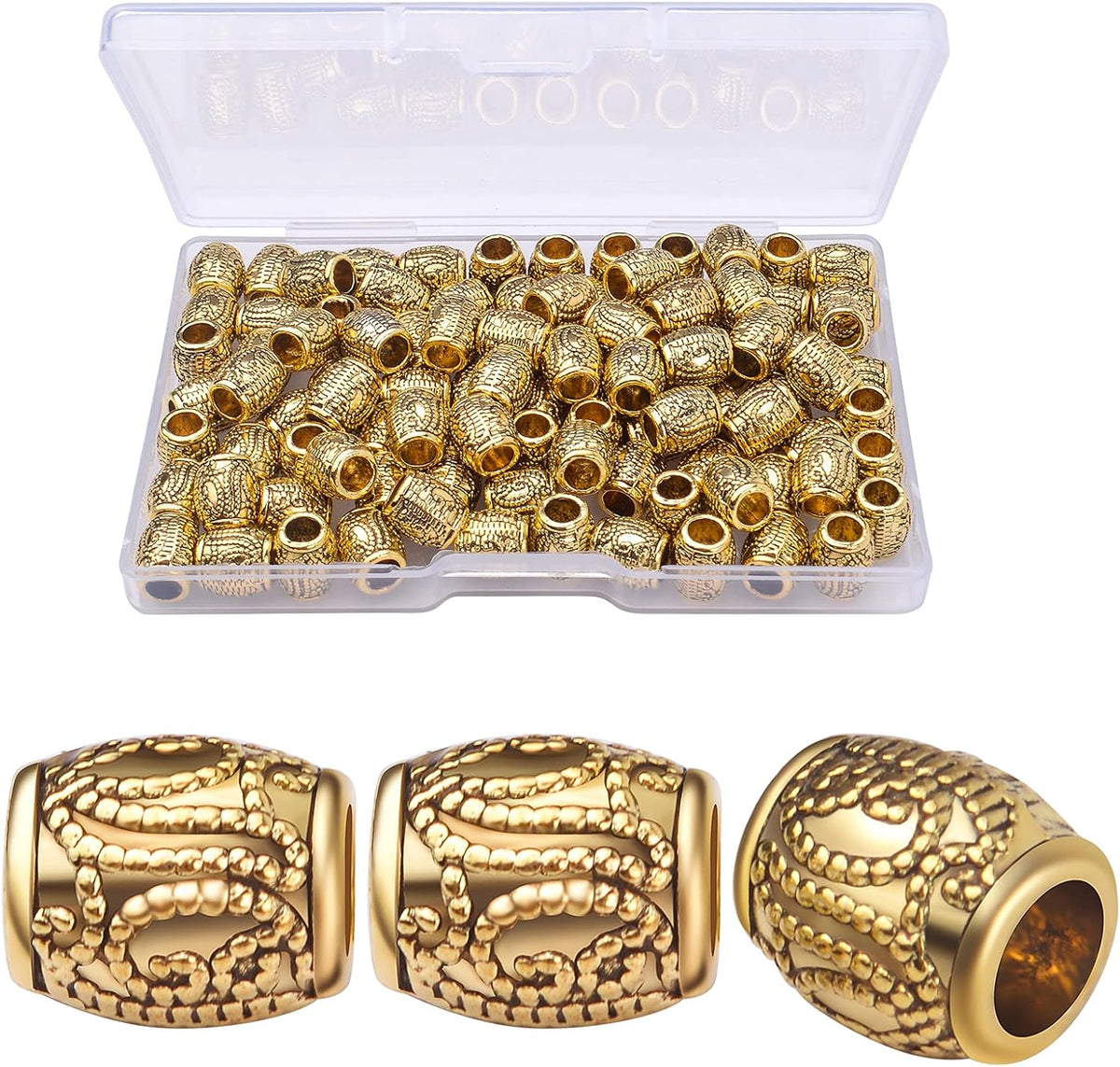 100pcs Antique Silver Oval Spacer Beads Alloy European Large Hole Loose Beads with A Plastic Box for DIY Bracelet Jewelry Making Handmade Decor, Hole: 4.3 mm