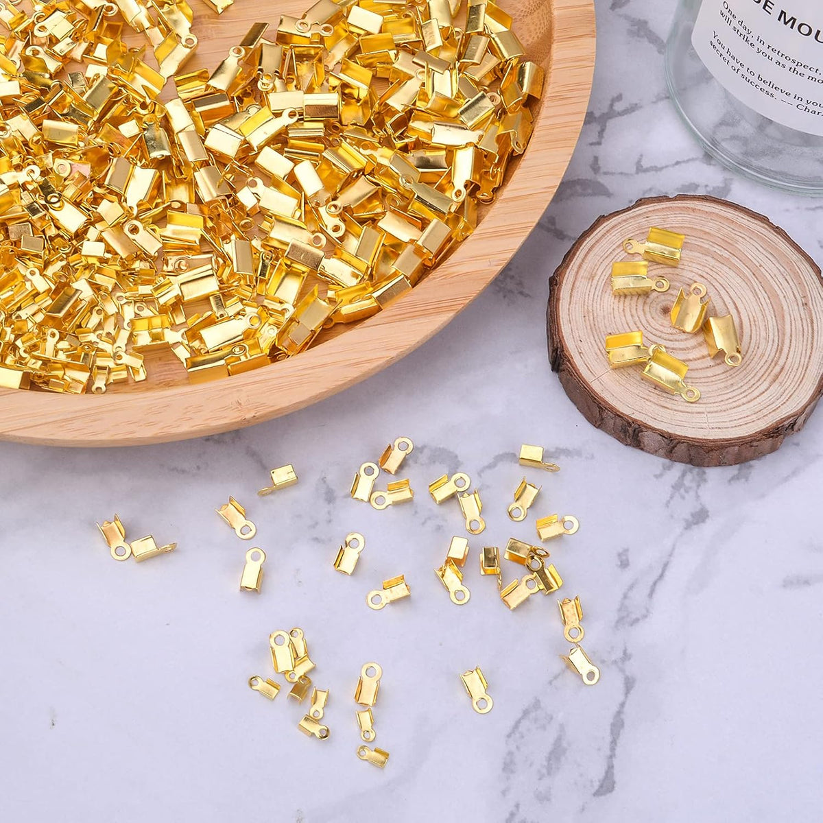 600pcs 3 Sizes Gold Plated Fold Over Cord Ends Metal Fold-Over Crimp End Caps Leather Ribbon Ending Terminators Clamp End Tips Jewelry Connector for Jewelry Making Accessories
