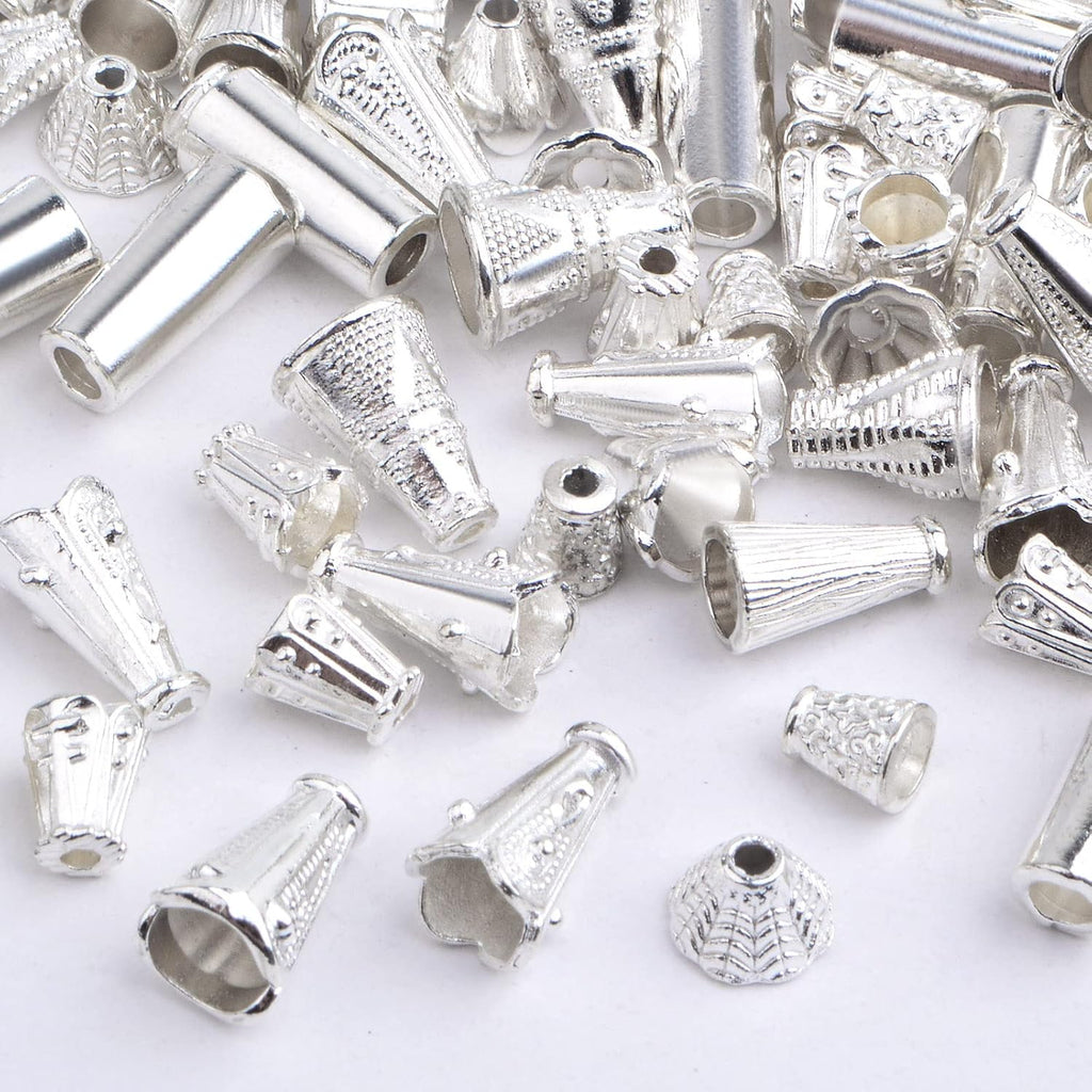 100 Gram (About 110-150pcs) Mixed Styles Cone Bead Caps Tibetan Alloy Flower Spacer Bead Caps Tassel End Caps for DIY Bracelet Necklace Jewelry Craft Making, Bright Silver